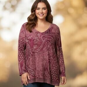 Coldwater Creek Paisley Tunic Womens Size 2X Berry V-Neck Mesh Hem Relaxed Top
